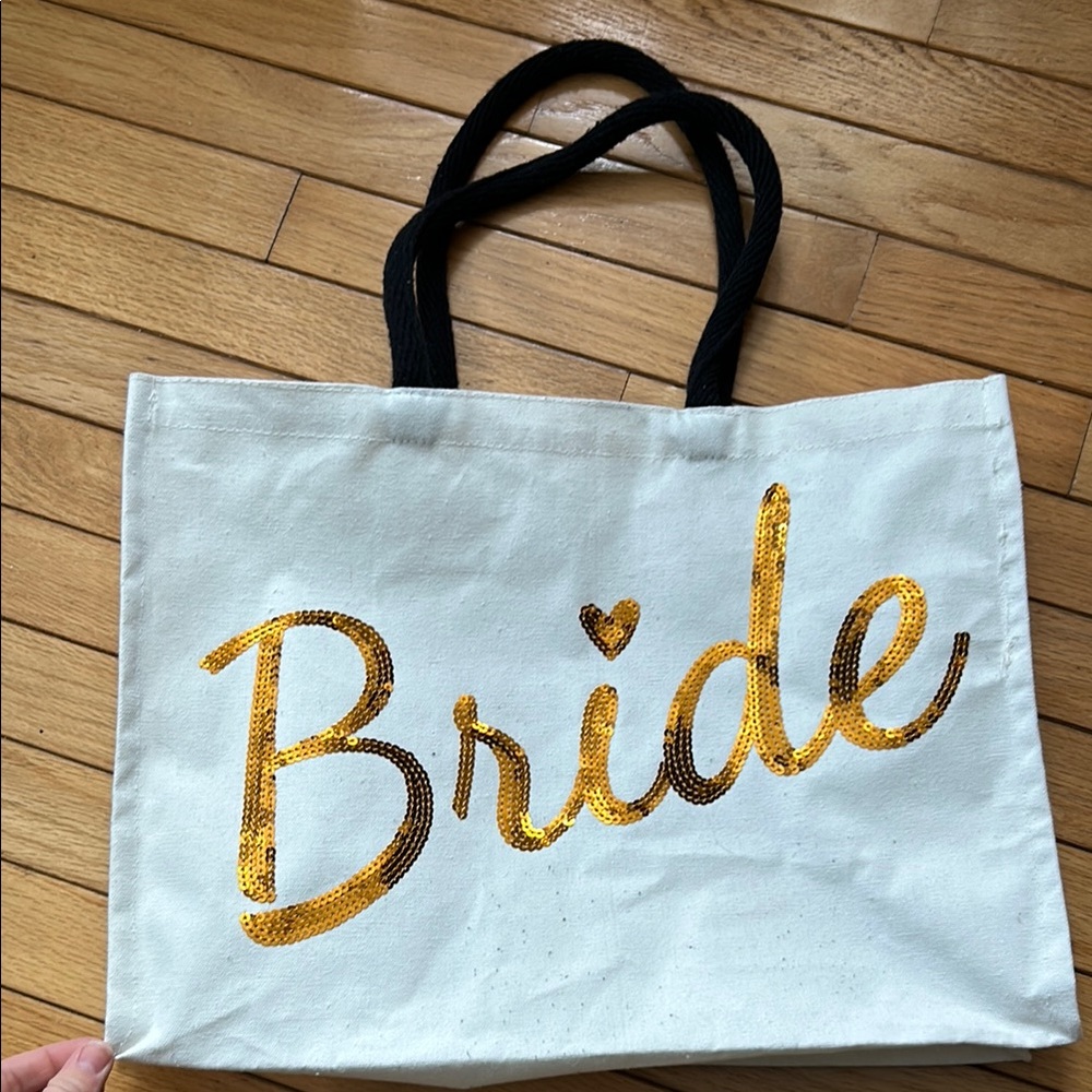 David's Bridal White Tote with Gold Sequin 'Bride' Script